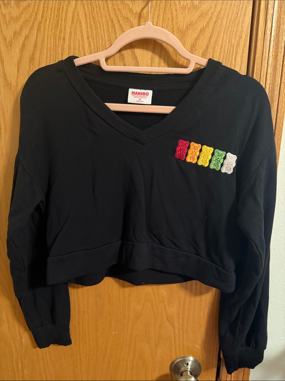HARIBO Black V-Neck Cropped Sweatshirt with Multicolor Gummy Bear